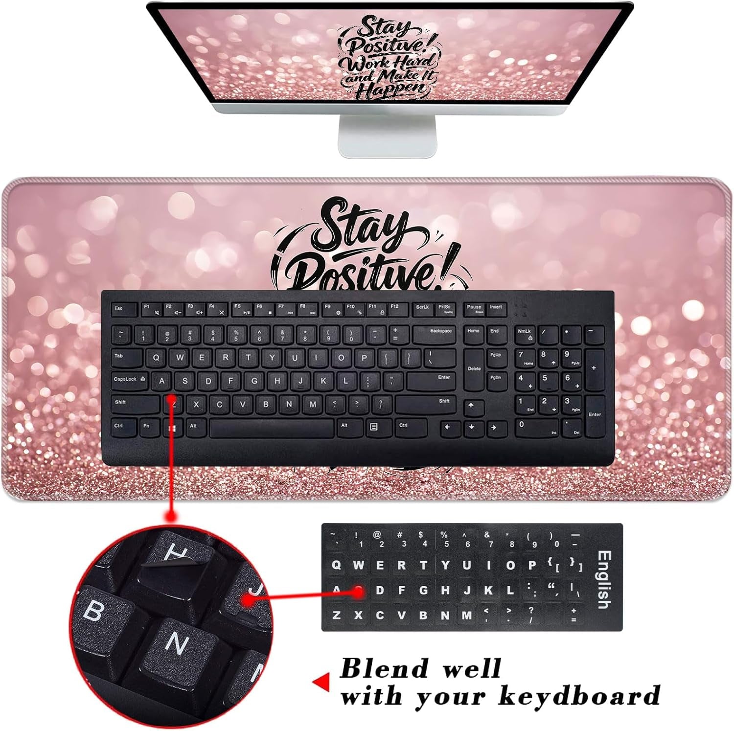 Keyboard Wrist Rest and Mouse Pad with Wrist Support Set Ergonomic Coaster,Memory Foam,Easy Typing Pain Relief,Large XL Desk Mat 31.5"X 11.8",Stay Positive Work Hard and Make It Happen Motivational