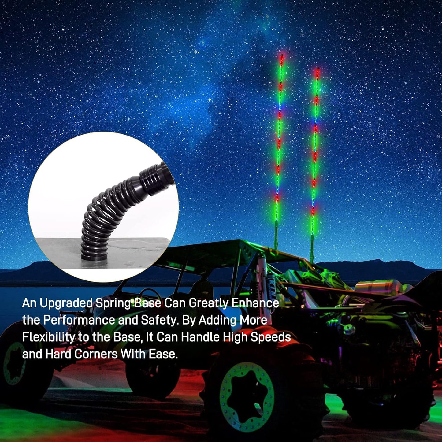 1Pc 4FT LED Whip Lights with Spring Base, Can Controlled by Remote and APP Simultaneously, Dancing RZR LED Antenna Lights for UTV, ATV, off Road, Truck, Sand, Buggy Dune, RZR, Can-Am