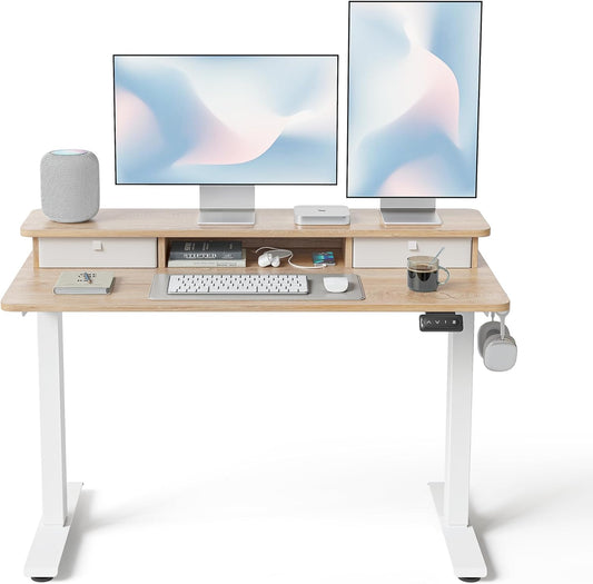 48 X 24 Inch Height Adjustable Electric Standing Desk with Double Drawer, Computer Desk, Home Office Stand up Table with 4 Height-Adjustable Feets & 2 Hooks, Maple