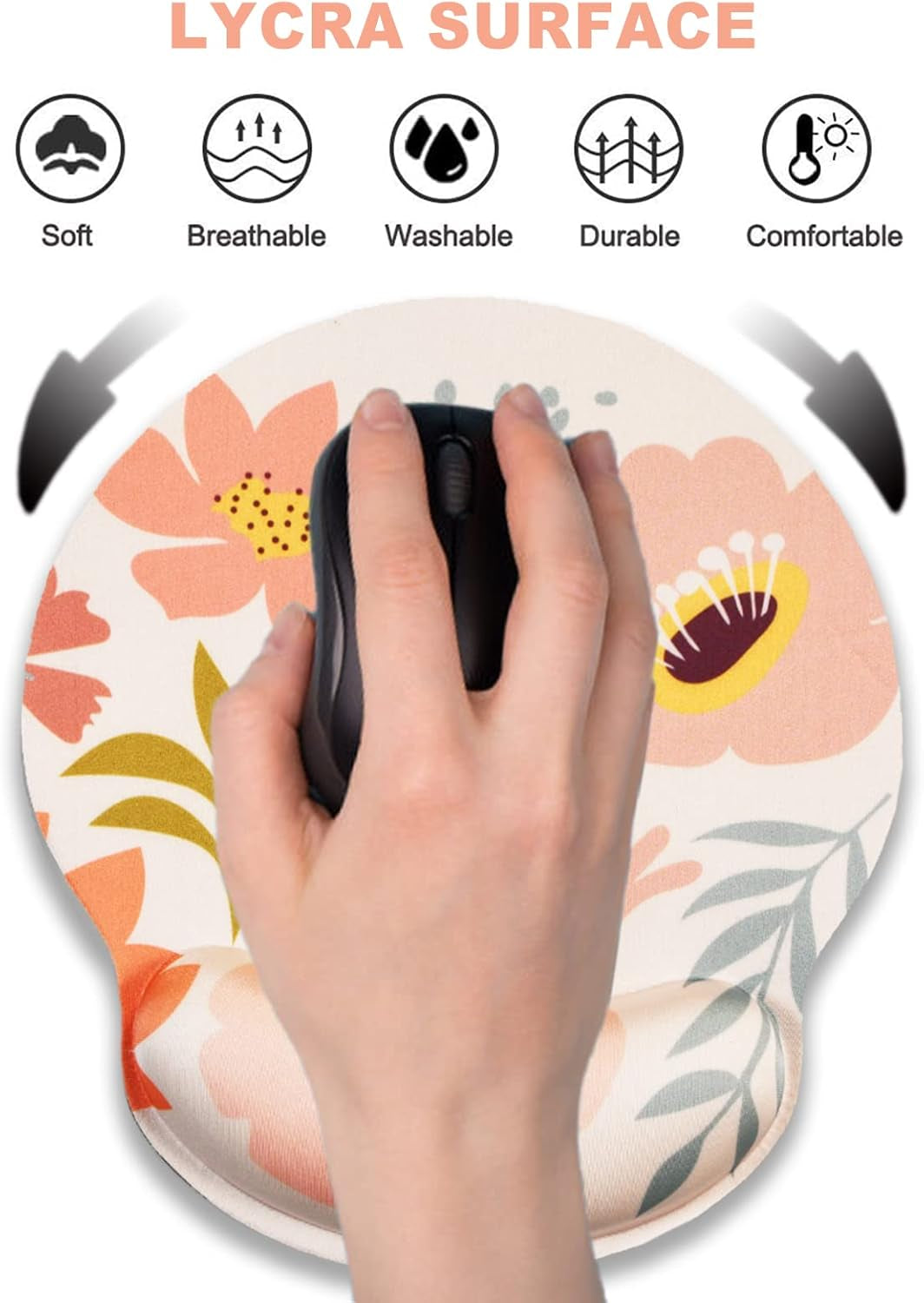 Ergonomic Mouse Pad with Wrist Rest Support, Memory Form Non-Slip Rubber Base Mousepad for Home, Office, Easy Typing & Pain Relief, Pink Flowers