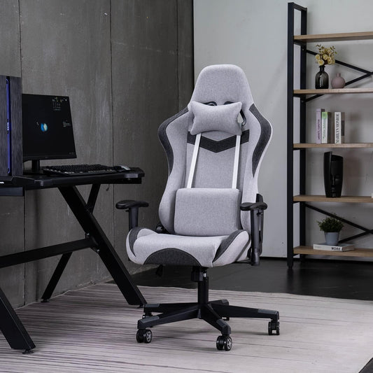 Gaming Chair, Fabric Gaming Chair, Computer Game Chair Office Chair Ergonomic High Back PC Desk Chair, Height Adjustment Swivel Rocker with Headrest and Support Lumbar Pillow, Gray