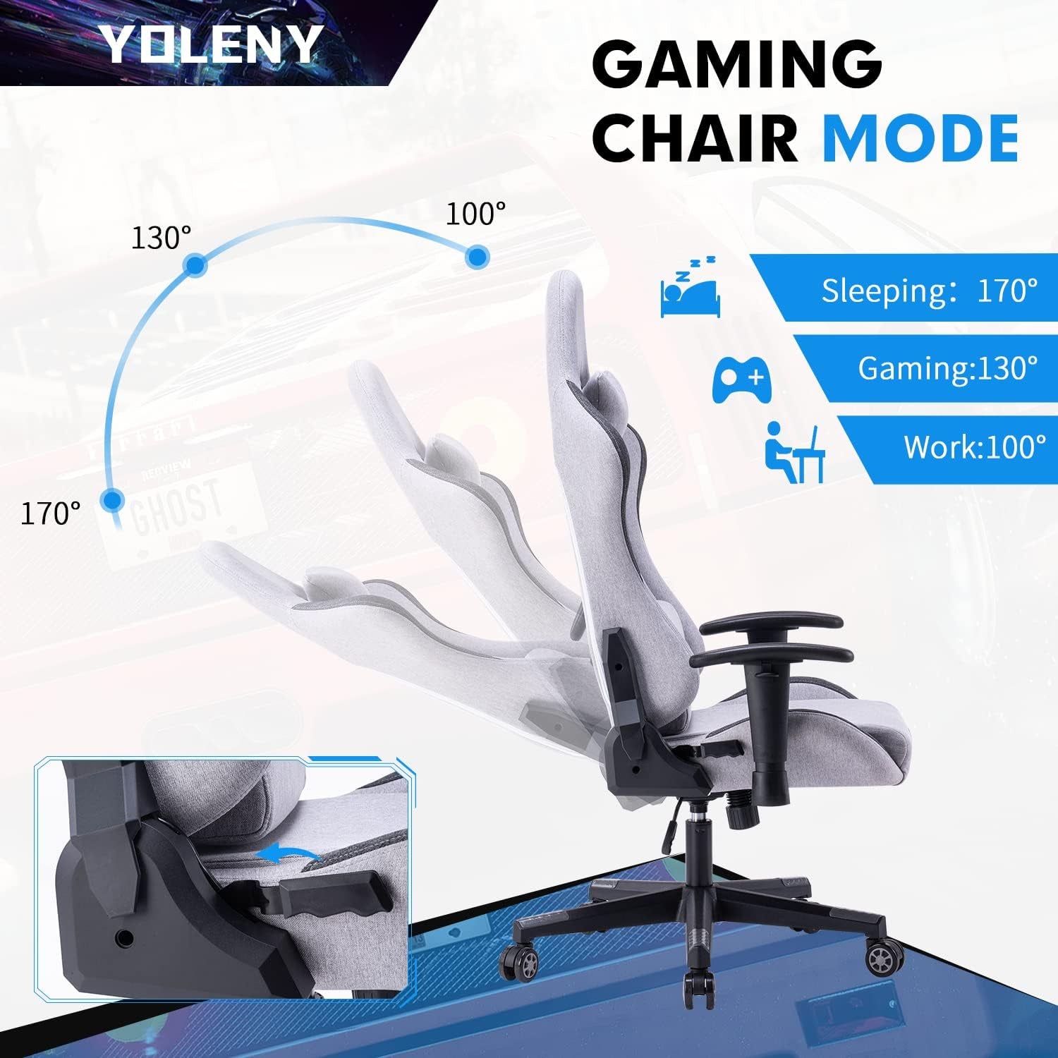 Gaming Chair, Fabric Gaming Chair, Computer Game Chair Office Chair Ergonomic High Back PC Desk Chair, Height Adjustment Swivel Rocker with Headrest and Support Lumbar Pillow, Gray