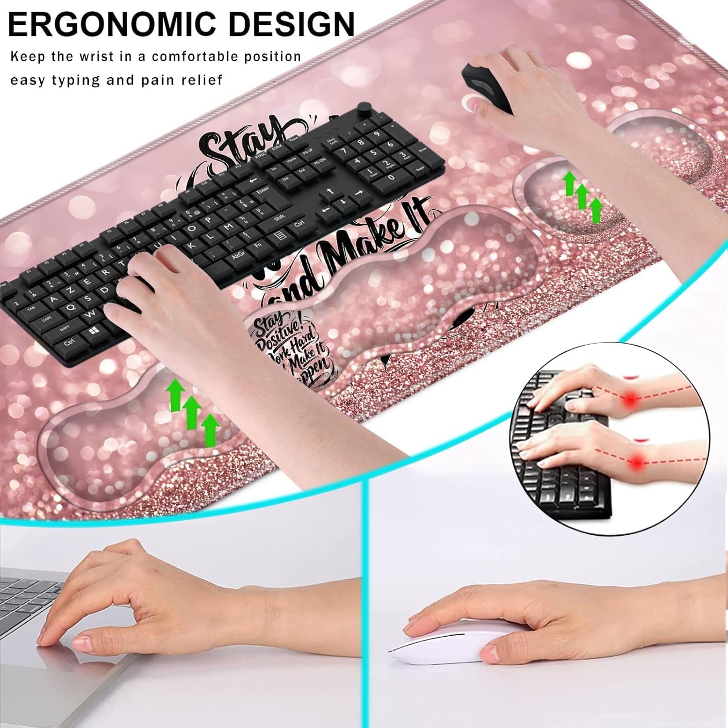 Keyboard Wrist Rest and Mouse Pad with Wrist Support Set Ergonomic Coaster,Memory Foam,Easy Typing Pain Relief,Large XL Desk Mat 31.5"X 11.8",Stay Positive Work Hard and Make It Happen Motivational
