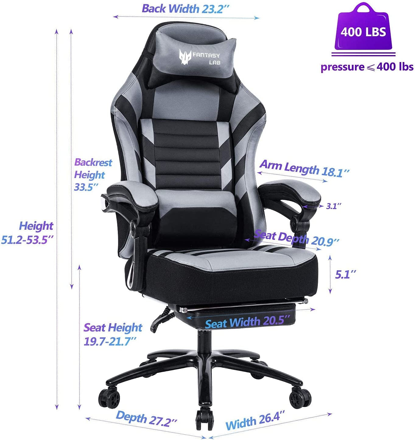 Racing Gaming Chair with Footrest Massage, 400Lb Capacity, Black, Modern Style, Ergonomic Desk Chair, Recliner, Leather Memory Foam, Office & Gaming Use
