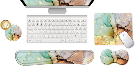 Ergonomic Wrist Rest + Mouse Pad + Keyboard Wrist Support + Coaster, Memory Foam Mousepad Non-Slip Rubber Base Durable Comfortable 4Pcs for Easy Typing Pain Relief, Abstract Art Marble