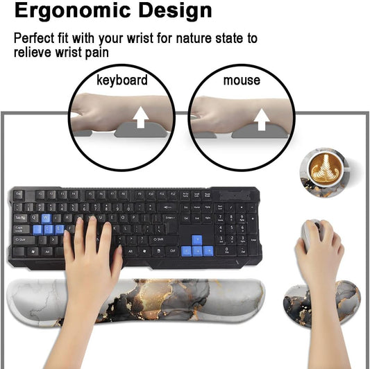 Keyboard Wrist Rest Support Pad , with Comfortable Memory Foam, Easy Typing Pain Relief, Set for Computer, PC Gaming, Laptop Mac Home & Office Marble Black Gold
