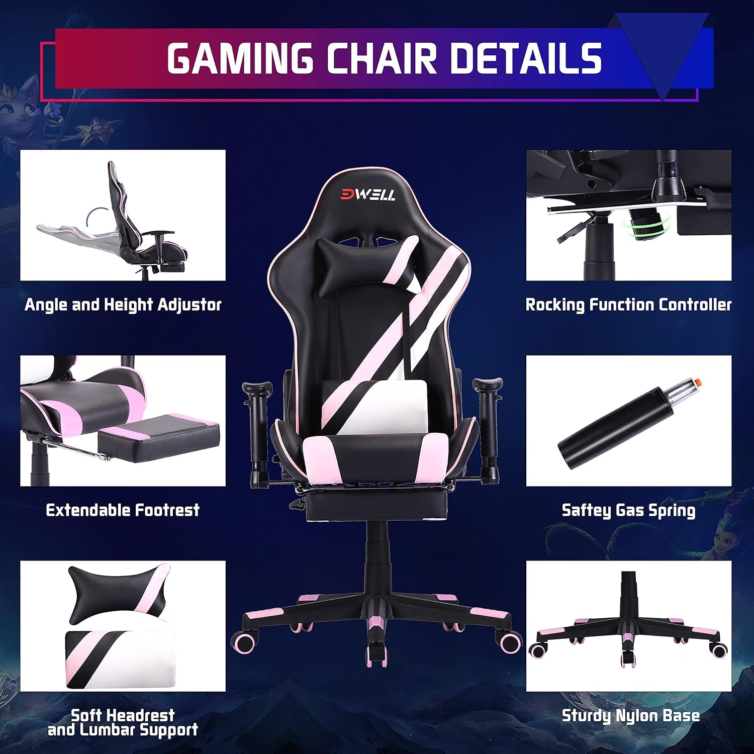 Gaming Chair,Pc Racing Chair,Video Game Chair,Height Adjustable Swivel Recliner with Footrest and Lumbar Support, Leather and Ergonomic Design Executive Office Chair,Pink