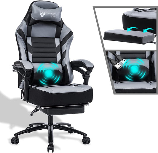 Racing Gaming Chair with Footrest Massage, 400Lb Capacity, Black, Modern Style, Ergonomic Desk Chair, Recliner, Leather Memory Foam, Office & Gaming Use