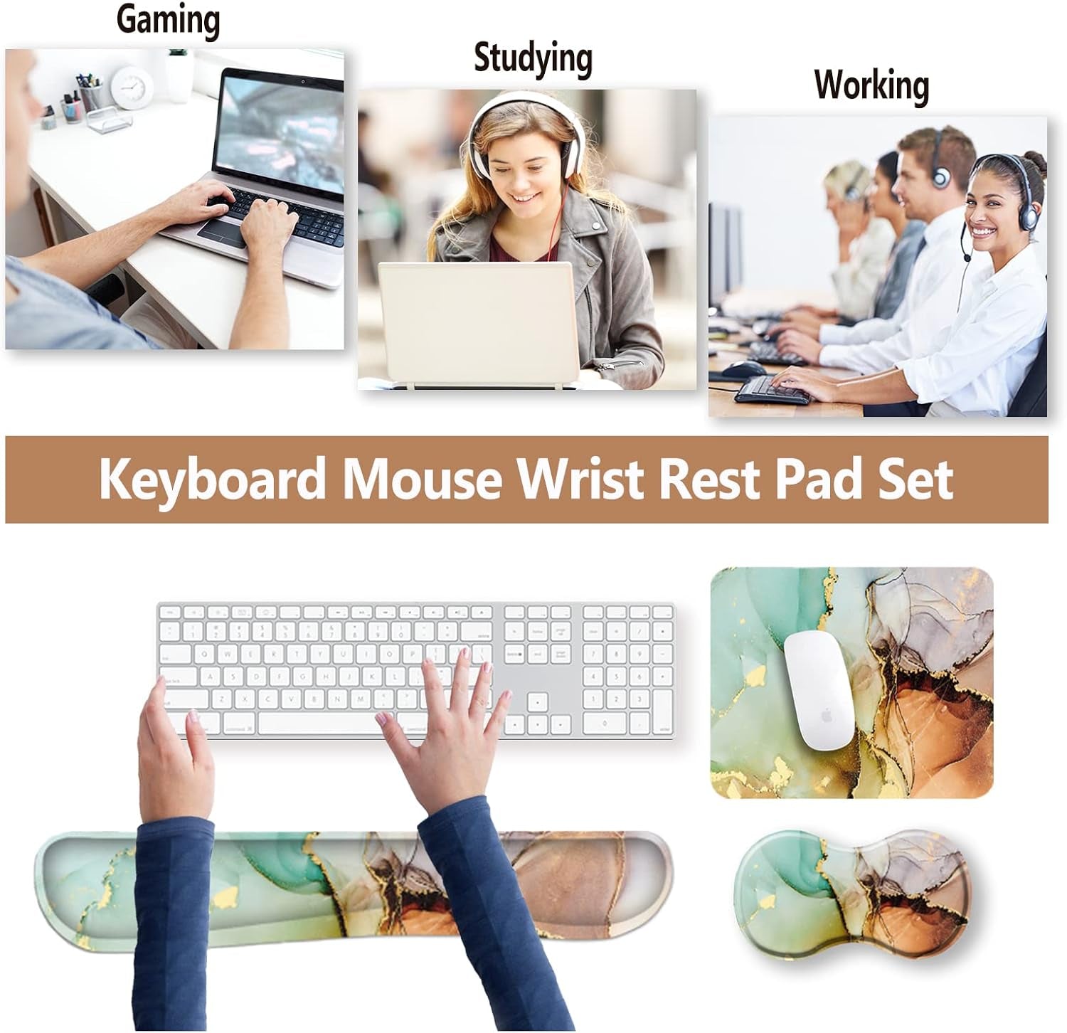 Ergonomic Wrist Rest + Mouse Pad + Keyboard Wrist Support + Coaster, Memory Foam Mousepad Non-Slip Rubber Base Durable Comfortable 4Pcs for Easy Typing Pain Relief, Abstract Art Marble