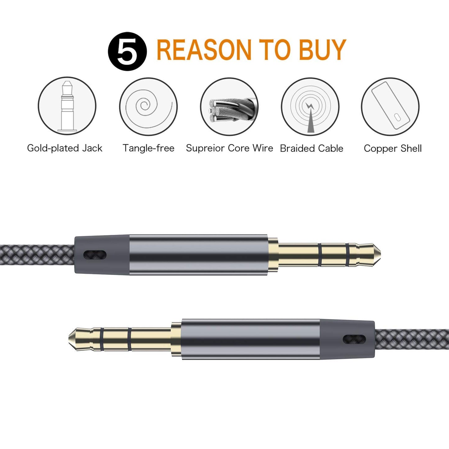 2Pack 10FT Long AUX Cable,[Copper Shell, Hi-Fi Sound] 3.5Mm 1/8 Auxiliary Audio Cable Nylon Braided Aux Cord Compatible Galaxy S21/S21+/S20+ Ultra, Note 20/10 Ultra, Macbook Air/Pro, Pad(Grey)