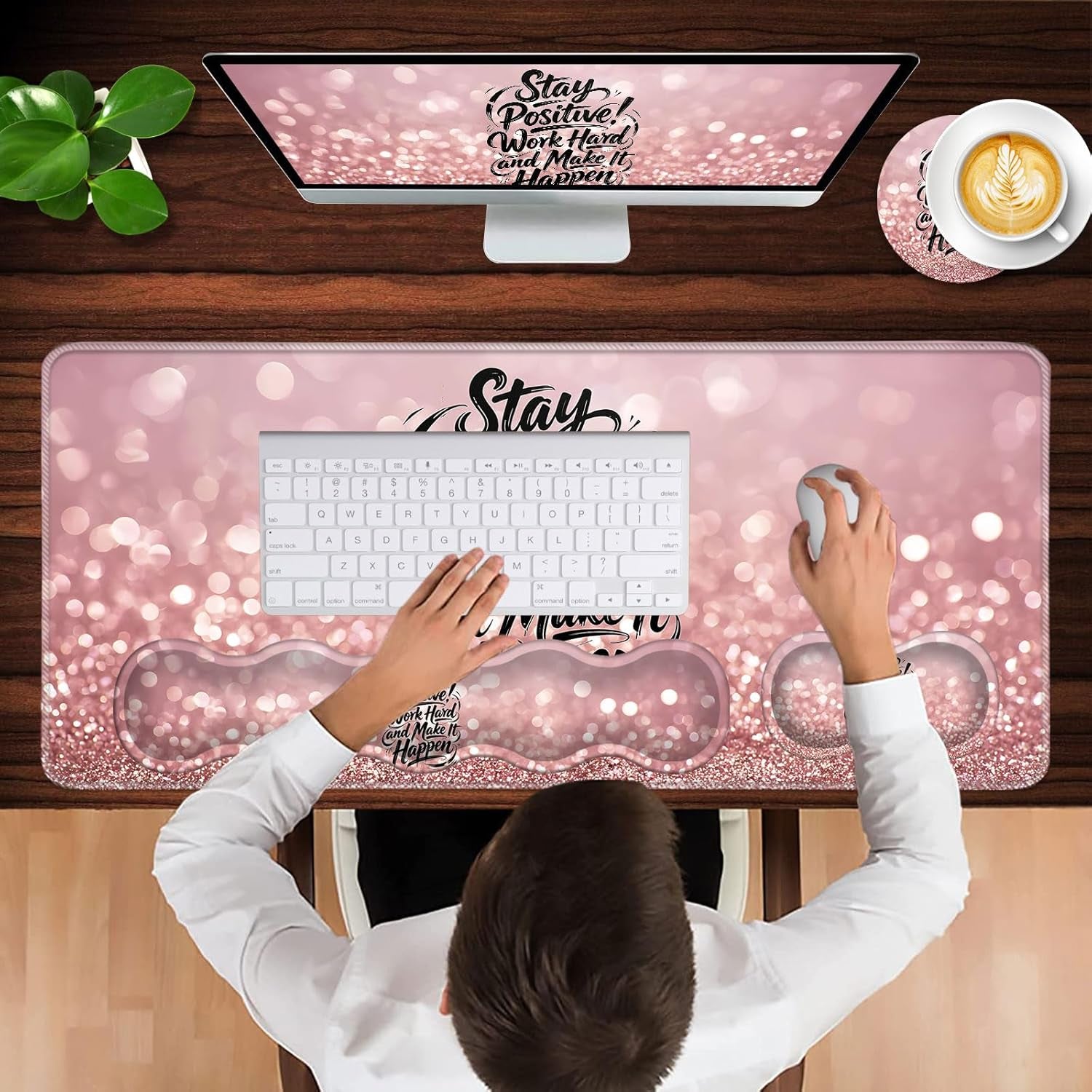 Keyboard Wrist Rest and Mouse Pad with Wrist Support Set Ergonomic Coaster,Memory Foam,Easy Typing Pain Relief,Large XL Desk Mat 31.5"X 11.8",Stay Positive Work Hard and Make It Happen Motivational