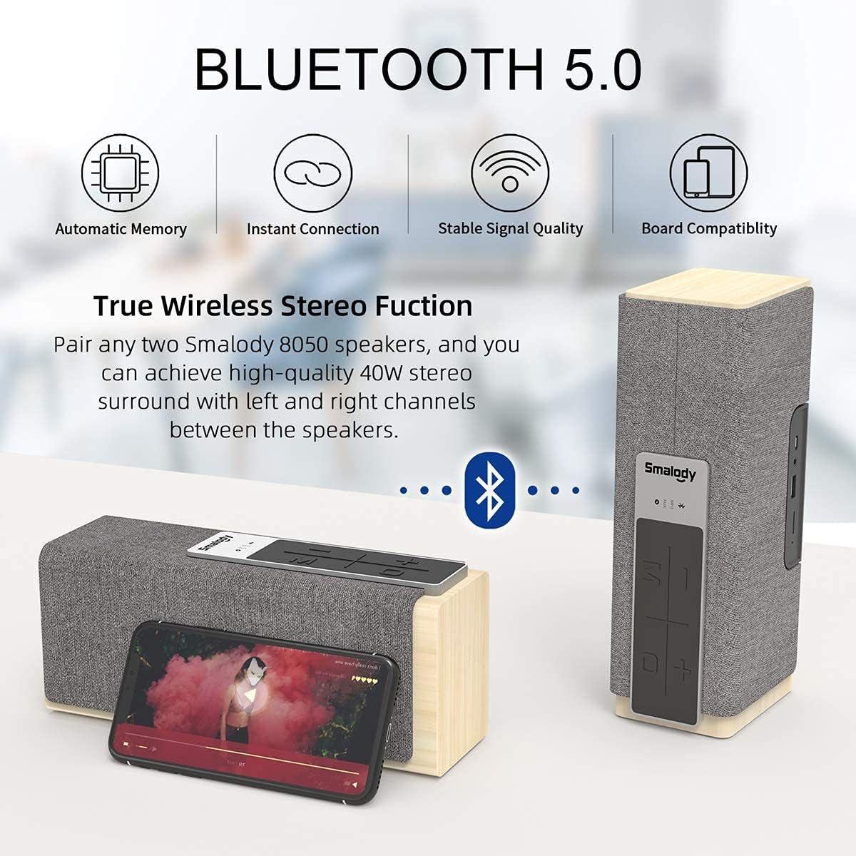 Portable Bluetooth Speakers, Wood 20W Power Wireless Speakers, Loud Stereo and Deep Bass, Dual Pairing Speaker with TF Slot AUX for Computer/Phone/Tablet/Projector (Deep Grey)