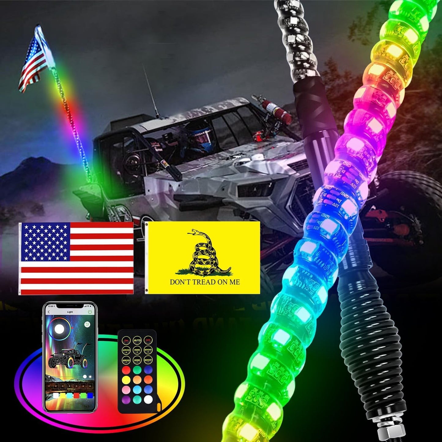 1Pc 4FT LED Whip Lights with Spring Base, Can Controlled by Remote and APP Simultaneously, Dancing RZR LED Antenna Lights for UTV, ATV, off Road, Truck, Sand, Buggy Dune, RZR, Can-Am