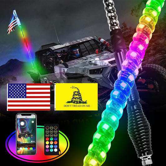 1Pc 4FT LED Whip Lights with Spring Base, Can Controlled by Remote and APP Simultaneously, Dancing RZR LED Antenna Lights for UTV, ATV, off Road, Truck, Sand, Buggy Dune, RZR, Can-Am