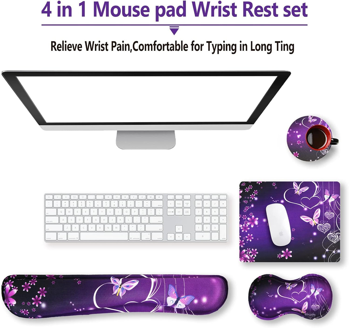 Keyboard Wrist Rest and Mouse Pad with Wrist Support Set Ergonomic Coaster, Memory Foam Mousepad Non-Slip Rubber Base Durable Comfortable for Easy Typing Pain Relief, Purple Heart Butterfly