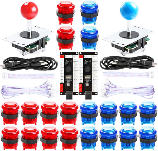2-Player LED Arcade DIY Kit for USB MAME PC Game DIY & Raspberry Pi Retro Controller DIY Including 2X Arcade Joystick, 20X LED Arcade Buttons, 2X Zero Delay USB Encoder (Blue & Red)