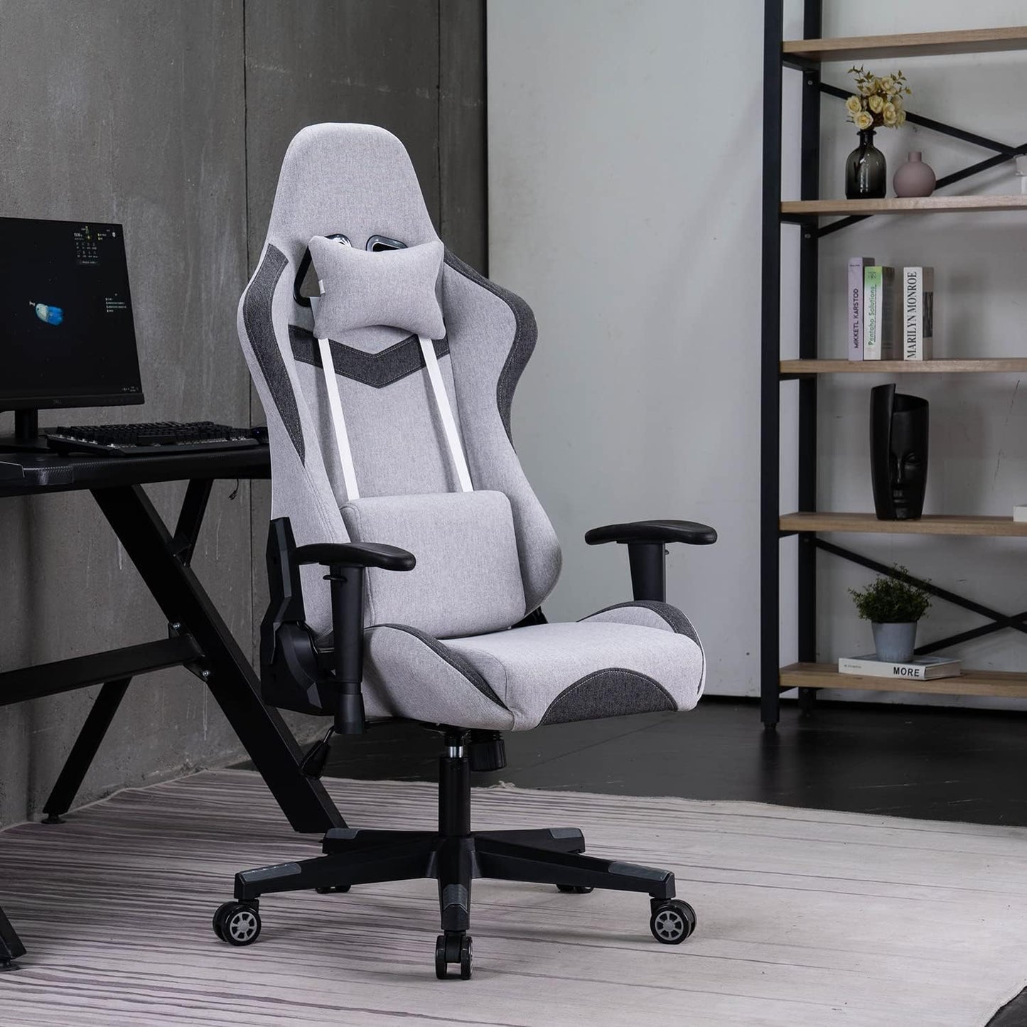 Gaming Chair, Fabric Gaming Chair, Computer Game Chair Office Chair Ergonomic High Back PC Desk Chair, Height Adjustment Swivel Rocker with Headrest and Support Lumbar Pillow, Gray