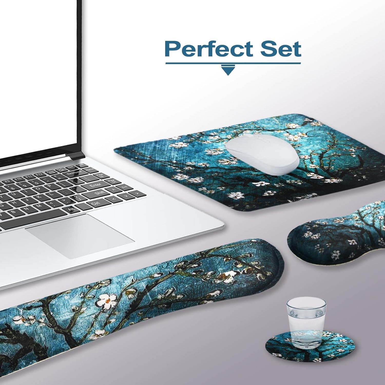 Keyboard Wrist Rest and Mouse Pad with Wrist Support Set Ergonomic Coaster, Memory Foam Mousepad Non-Slip Rubber Base Durable Comfortable for Easy Typing Pain Relief, Blue Van Gogh Painting