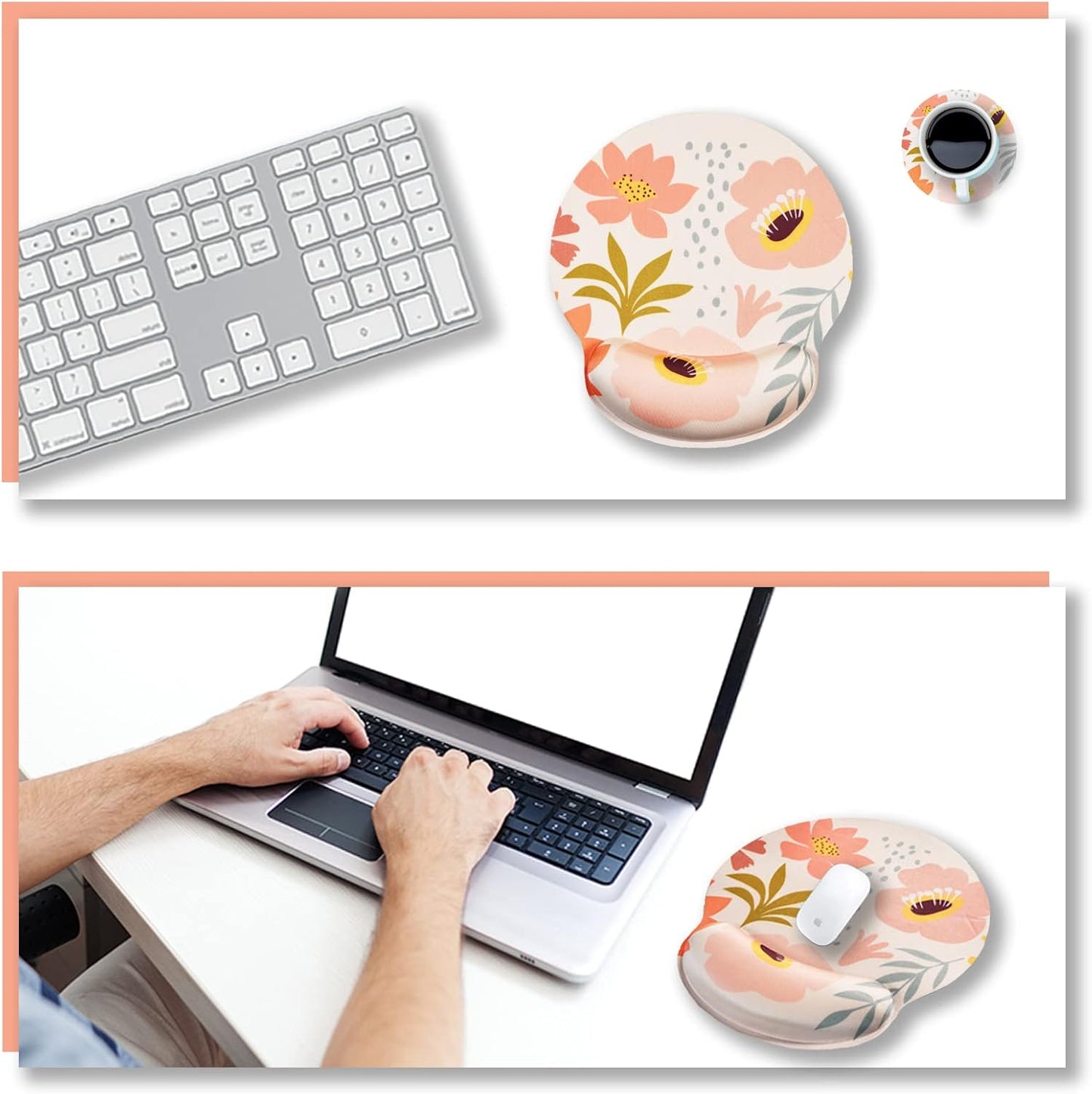 Ergonomic Mouse Pad with Wrist Rest Support, Memory Form Non-Slip Rubber Base Mousepad for Home, Office, Easy Typing & Pain Relief, Pink Flowers