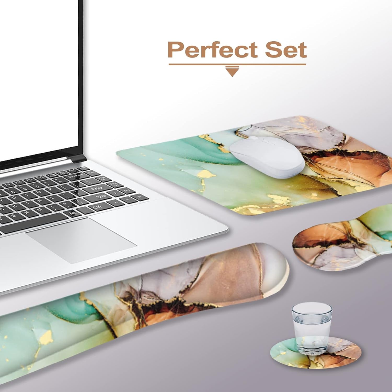 Ergonomic Wrist Rest + Mouse Pad + Keyboard Wrist Support + Coaster, Memory Foam Mousepad Non-Slip Rubber Base Durable Comfortable 4Pcs for Easy Typing Pain Relief, Abstract Art Marble