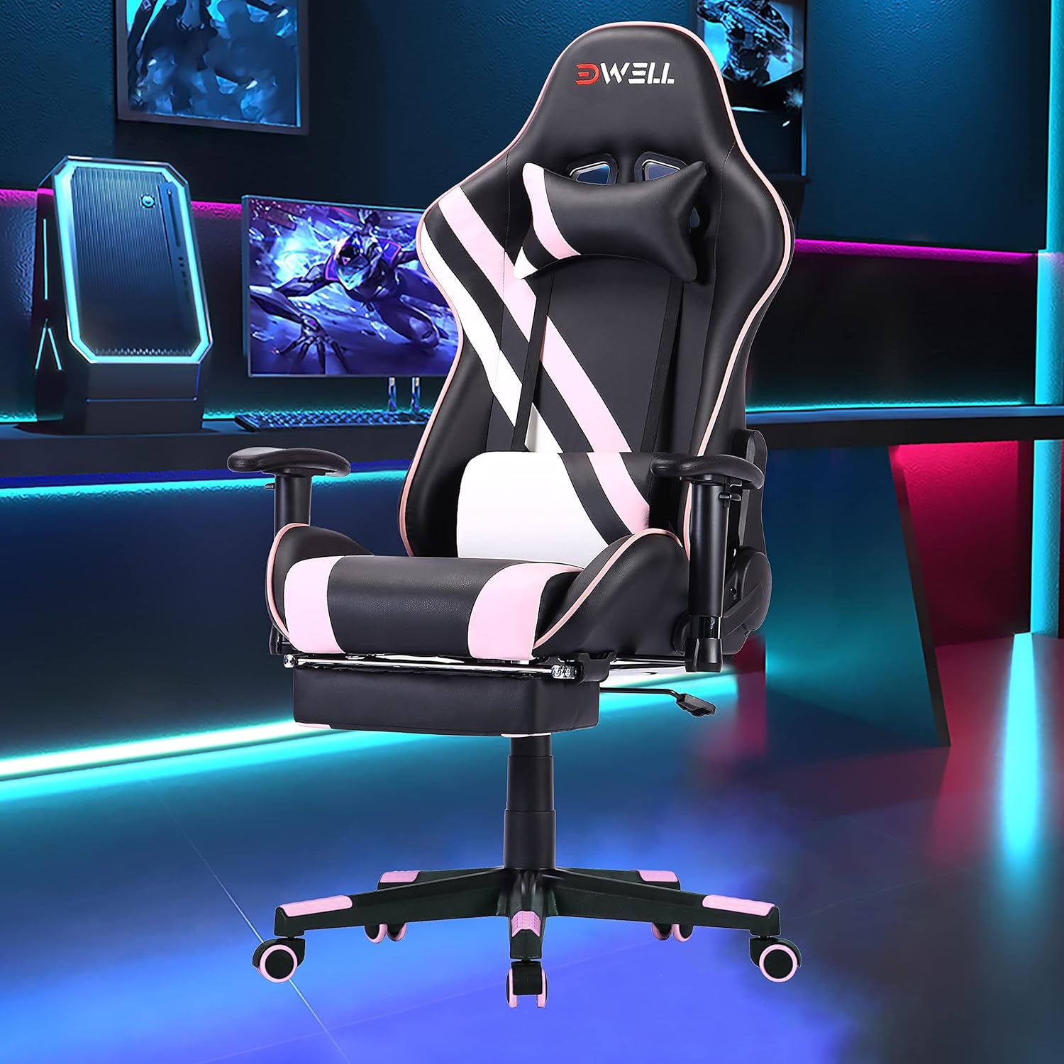 Gaming Chair,Pc Racing Chair,Video Game Chair,Height Adjustable Swivel Recliner with Footrest and Lumbar Support, Leather and Ergonomic Design Executive Office Chair,Pink