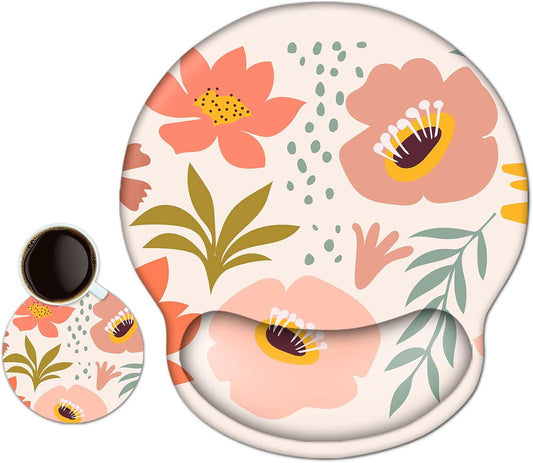 Ergonomic Mouse Pad with Wrist Rest Support, Memory Form Non-Slip Rubber Base Mousepad for Home, Office, Easy Typing & Pain Relief, Pink Flowers