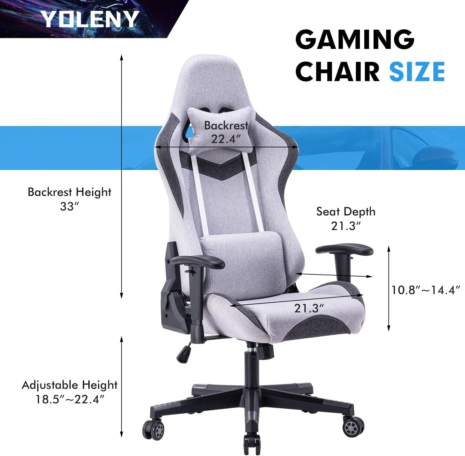 Gaming Chair, Fabric Gaming Chair, Computer Game Chair Office Chair Ergonomic High Back PC Desk Chair, Height Adjustment Swivel Rocker with Headrest and Support Lumbar Pillow, Gray
