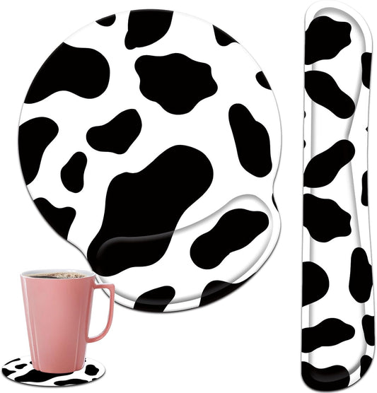 Keyboard Wrist Rest and Mouse Pad Wrist Support Set with Coasters,Ergonomic Gaming Mousepad for Home Office Working Studying Easy Typing & Pain Relief,Cow Print