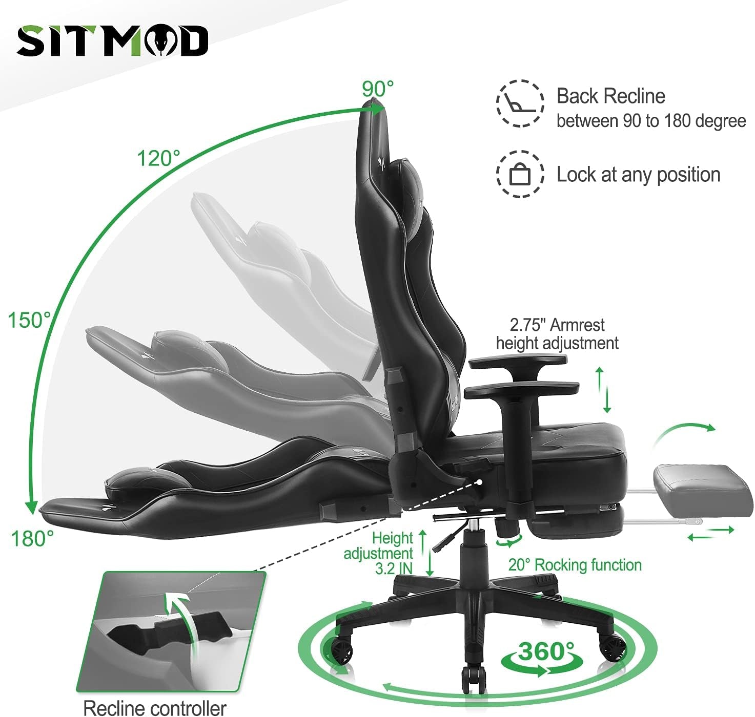 Gaming Chairs for Adults Computer Chair with Footrest Racing Lumbar Support Gamer Chair Comfy Massage PC Leather Ergonomic Chair High Back Reclining Adjustable Swivel Video Game Chairs