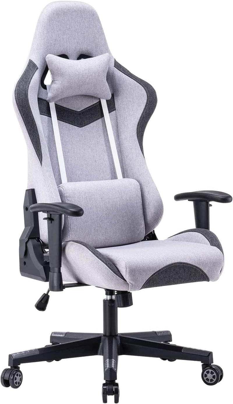 Gaming Chair, Fabric Gaming Chair, Computer Game Chair Office Chair Ergonomic High Back PC Desk Chair, Height Adjustment Swivel Rocker with Headrest and Support Lumbar Pillow, Gray