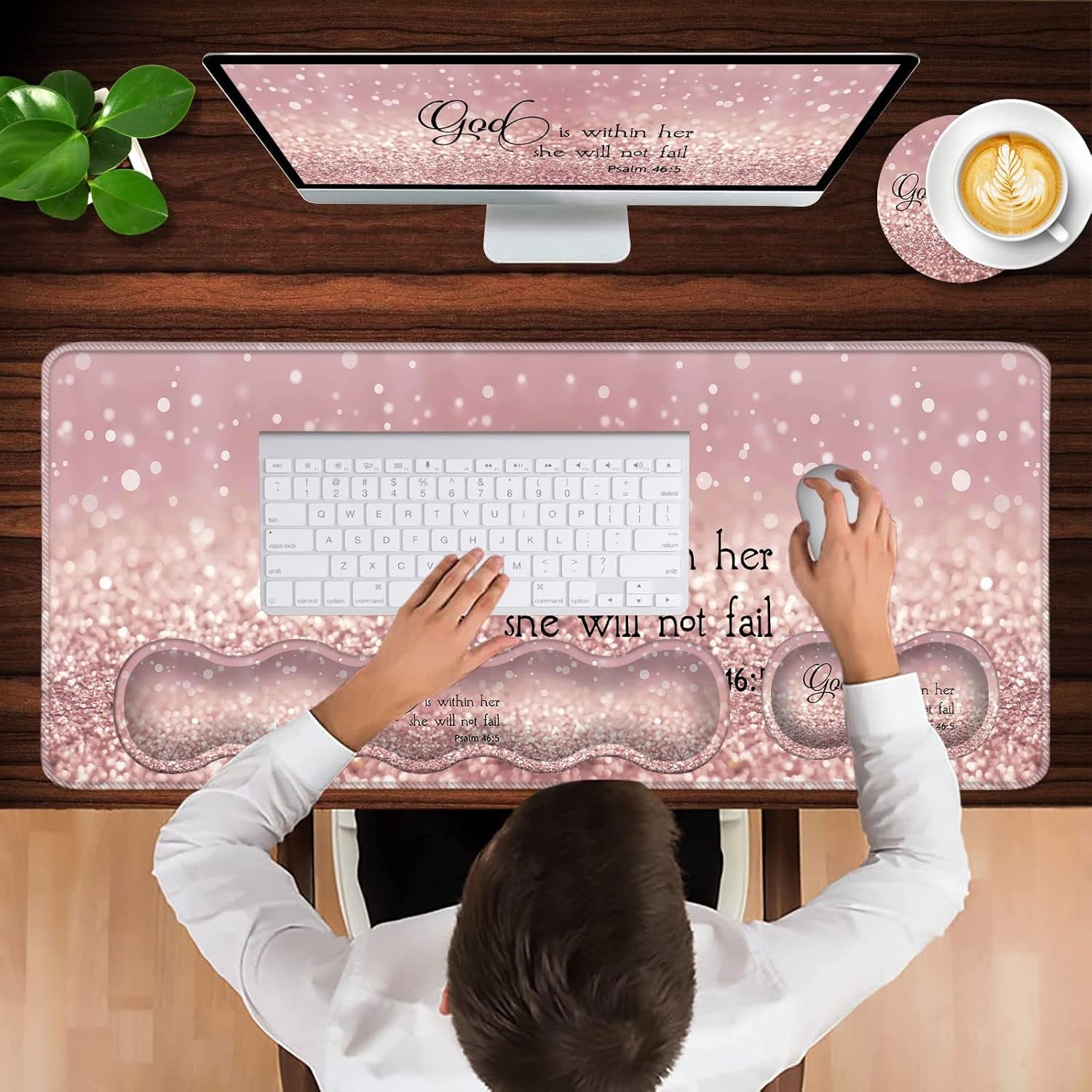 Keyboard Wrist Rest and Mouse Pad with Wrist Support Set Ergonomic Coaster,Memory Foam,Easy Typing Pain Relief,Large XL Desk Mat 31.5"X 11.8",Rose Gold Glitter Quote Bible Verse Psalm 46-5
